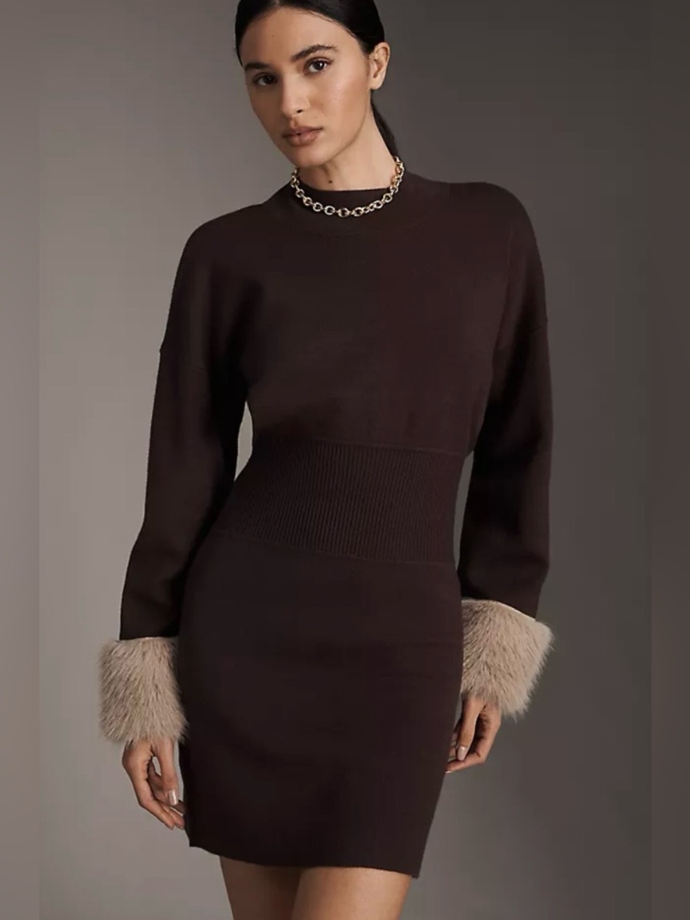 NWT Anthropologie Brown Ribbed Knit Dress with Faux Fur Trim